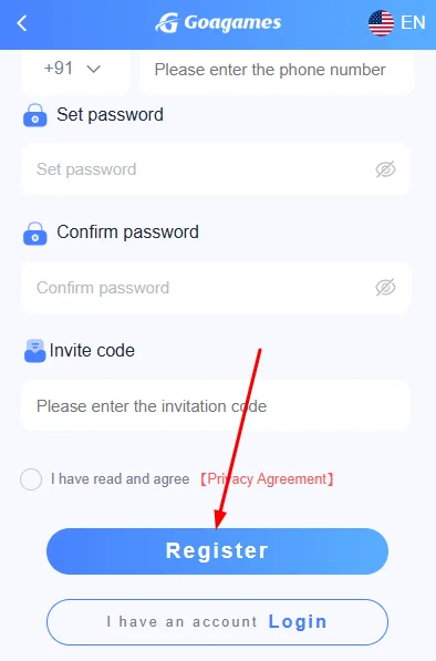 Tap the register button to complete the process